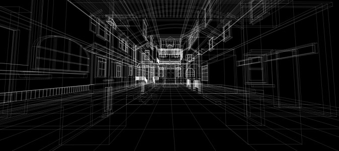 智能家居自动化系统数字智能技术抽象背景架构内部 3d 线框结构黑色背景建筑推介会横幅房屋插图商业创造力连接白色艺术图片