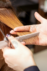 美发师的手握住手指间的发丝 在美发沙龙用梳子和剪刀为年轻女子的长发理发 特写工作红色职业理发师造型师成人发型美容师顾客造型图片