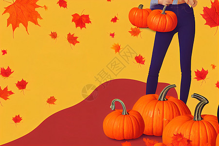 秋季促销标语模板 带有文本空间网络明信片盒子插图叶子感恩南瓜卡片渲染季节图片