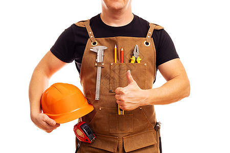 带有工具和头盔的停机坪承包商工人或木工 手持大拇指维修男人员工工作工匠木匠商业建设者锤子服务图片