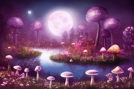 梦幻蘑菇幻想的神奇童话故事风景 有魔法森林湖背景