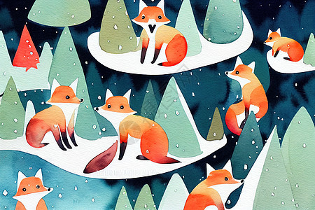 冬季森林中的可爱狐狸 儿童水彩色插图图片