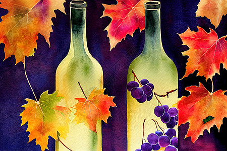 含葡萄果和秋叶的彩水酒瓶图片