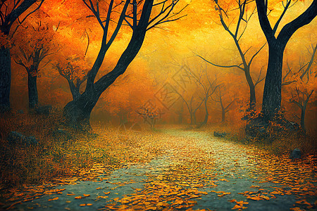 林路的秋叶掉进森林人行道金子横梁叶子公园途径环境风景林地季节图片