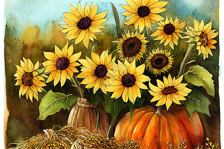 向日葵海报用向日葵花束和秋天花朵 绘制秋天收成图案背景