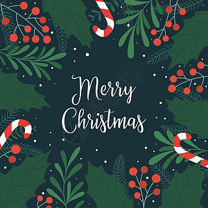 圣诞卡 上面有胡萝卜叶和浆果 糖果甘蔗 雪花 还有圣诞快乐的歌词派对横幅手杖插图卡通片庆典明信片海报卡片叶子图片