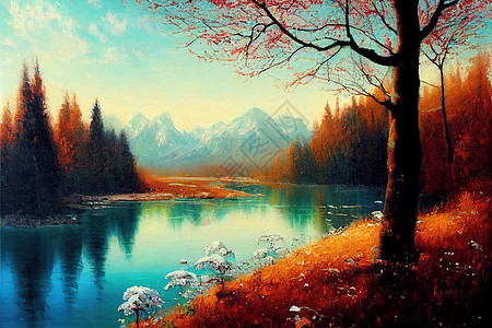 原始的贝奥提弗尔春天风景 森林 雪山的油画图片
