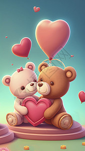 两只卡通熊肩并肩坐在一起 抱着一颗粉红色心形的光栅插图 插图采用柔和的配色方案 适合用作情人节图片