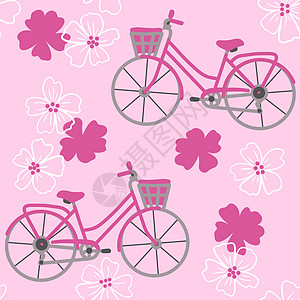 手绘无缝图案与粉红色自行车在樱花盛开的花朵花卉背景上 体育交通工具户外活动 青少年图形素描旅游自行车设计的旅行自行车图片
