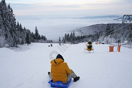 在德国黑森州 Ren 的山上 一名男子在壮丽的冬季景观背景下骑着雪橇 神奇的高大苍松和雪杉覆盖着冰雪 地平线创造了一种幻觉 并与图片