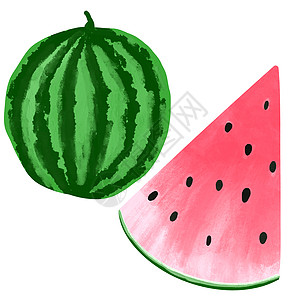 简单简约风格的绿色红色西瓜手绘插图 夏季水果派对装饰 健康的有机素食素食 新鲜美味的甜点切片特写图片