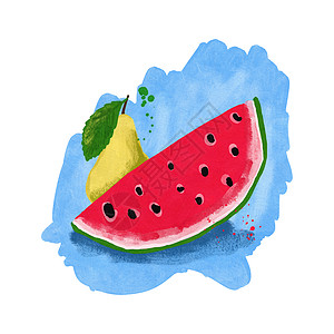 蓝色背景下红西瓜黄梨的手绘插图静物 明亮的夏季水果成分 热带饮食维生素 复古风格 健康饮食 凌乱的绘画素描图片