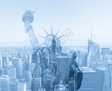 曼哈顿天线在纽约市的双倍曝光 与自由雕像环影摩天大楼景观吸引力雕像全景市中心蓝色天际风景自由图片