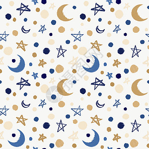 无缝节日背景 有月亮 星星和面条孩子墙纸漩涡织物打印孩子们蓝色卷曲生日包装图片