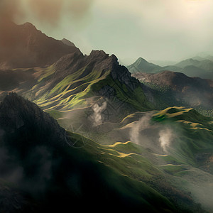 绿山脉 迷雾山的风景全景办公室帆布公园季节衬套家庭旅行环境天际图片
