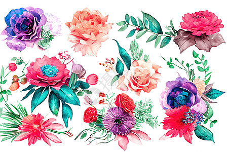 花花花束装水彩色的艺术品设计郁金香邀请函树叶刷子牡丹叶子花瓣婚礼艺术植物图片