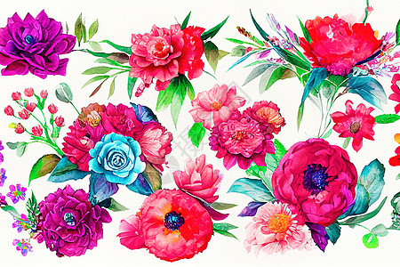 花花花束装水彩色的艺术品设计艺术手绘人工智能郁金香框架邀请函海葵玫瑰树叶奶油图片