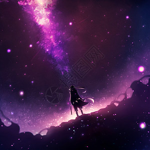 星空下的一个人一个在星空下的男人 在动画风格中闪电上帝智力商业天际孤独风景黑暗灯泡山脉背景