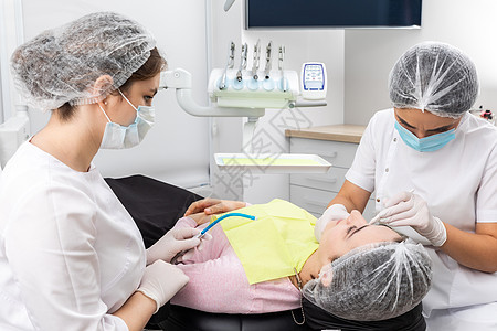 牙医和助理在现代牙科诊所进行牙科治疗 病人躺在椅子上手术口腔科卫生外科检查女孩成人专家保健牙齿图片