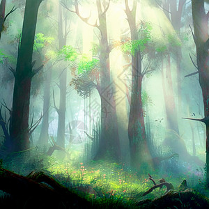 雾中神奇的神秘森林女士绘画季节小路魔法童话艺术植物捕手魔术师图片