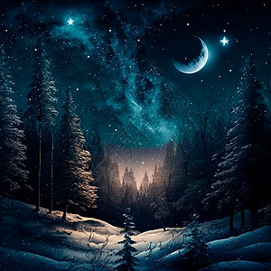 旅行icon在森林中度过一个美妙的冬天之夜的迹象横幅旅行生日季节办公室艺术家月光树木卡片庆典背景