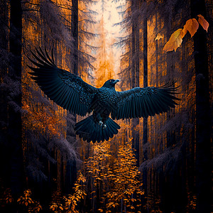 秋天的森林里 一只乌鸦飞来飞去图片