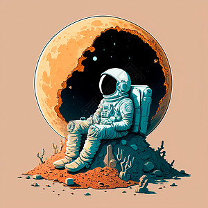 坐在月亮上坐在月球上的宇航员的卡通图像勘探浅色技术行星艺术宇宙卫星太空人天文学办公室背景