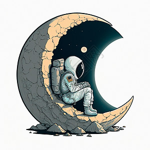坐在月球上的宇航员的卡通图像轨道科学天文学艺术星系动物行星背景宇航服浅色图片