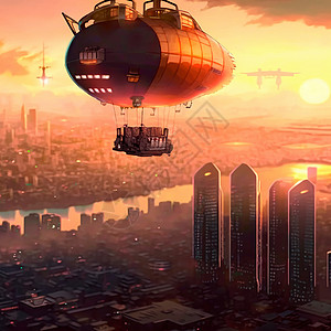 Steampunk航空船飞越现代城市上空鸟类航班建筑物运输气球插图飞机建筑学空气3d图片