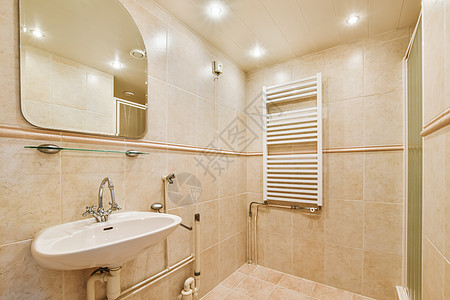 一个小浴室 有水槽和镜子风格洗手间公寓架子家具盆地装饰淋浴建筑学地面图片