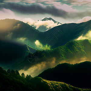 绿山脉 迷雾山的风景场地地平线女士旅游联盟插图旅行天际帆布天空图片