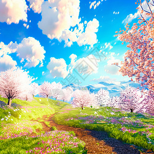 想象一个幻想的春天世界 有明亮的阳光和樱花公园蓝色太阳橙子叶子花卉浅色季节地毯途径图片