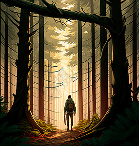 说明一名旅行者在森林中行走背包橙子男生假期爬坡天空公园阳光野餐风景图片