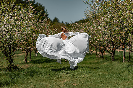 穿着白裙子的女人穿过开花的樱桃园 长裙飞向两侧 新娘一生都欢欣鼓舞 笑声晴天果园场地公园女孩女士头发跑步樱花乐趣图片