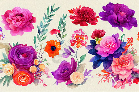 花花花束装水彩色的艺术品设计牡丹玫瑰婚礼郁金香手绘叶子邀请函植物树叶海葵图片
