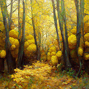 秋天森林地貌 秋季季节的多彩水彩画 绿树和黄树漂移橡木艺术木头绿色插图绘画棕色树叶水彩图片