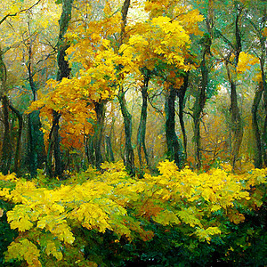 秋天森林地貌 秋季季节的多彩水彩画 绿树和黄树木头绘画叶子棕色绿色橡木水彩黄色白色艺术图片