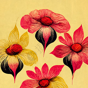 粉色 黑色和黄色抽象花朵图案植物学装饰品绘画插图打印树叶艺术花瓣植物水彩图片