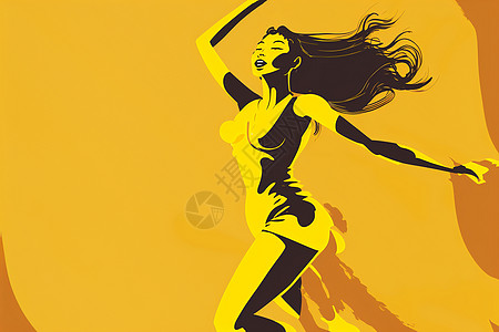 黄色背景上跳舞的女人的旗帜 现代舞 卡通风格卡通片女孩派对传单裙子绘画生长卡片幸福海报图片