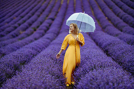 在一个雨天的雨伞下走来走去 享受芳香疗法 阿洛玛治疗概念 熏衣油 用紫色涂层照相会等季节化妆品热情场地喜悦快乐金发裙子晴天花园图片