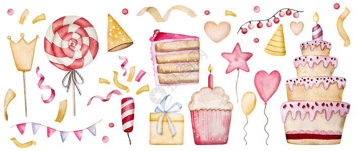 生日快乐蛋糕杯水彩色插图食物糖果明信片水彩绘画卡片孩子派对面包问候语图片