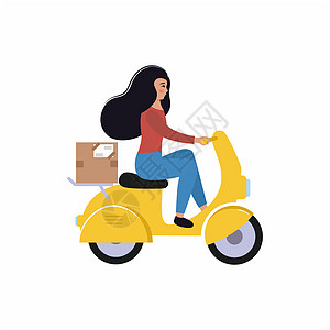 运送食品 用摩托车在城市周围发送邮政物品的快递 送货女孩乘脚踏车和包裹 提供女性病媒服务时具有平坦性;以及图片