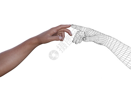 男人手和手的铁丝网 用指数手指触摸白色背景插图电脑矩阵网格框架棕榈手臂模型电子人图像图片