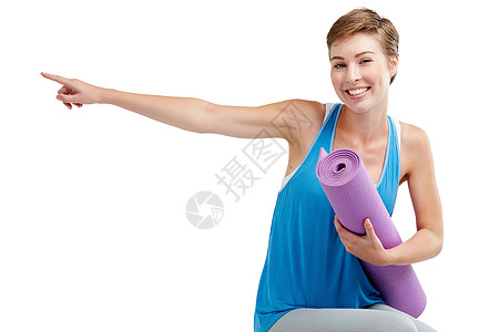 瑜伽 指针和妇女孤立在白色背景上 并配有将产品放置在模型上的培训设备 快乐健身 运动或锻炼者在Pilates 体育肖像展场在工作图片