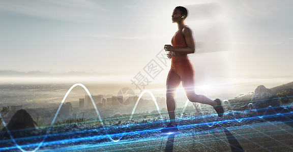 心率全息图 跑步和山上的黑人女性采用健康的呼吸技术 山路上的数字光 女性和跑步者 在户外进行训练 锻炼和健康图片