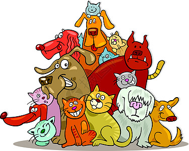 猫和狗群卡通片指针宠物猫科动物快乐小狗漫画鼠标友谊微笑图片