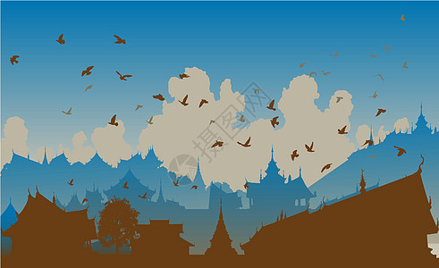 东鸟城插图佛教徒天空蓝色城市鸟类历史性景观建筑物鸽子图片