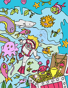 孩子潜水潜水码头螃蟹蓝色齿轮海盗勘探面具卡通片生活插图图片