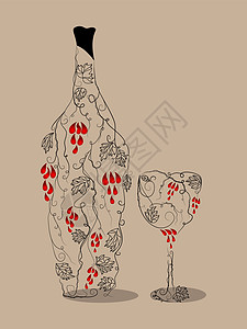 酒情摘要红色卡片绘画奢华玻璃庆典插图叶子瓶子藤蔓图片