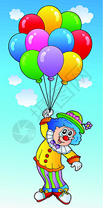 带卡通气球的飞行小丑图片